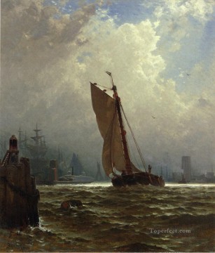 new york Painting - New York Harbor with the Brooklyn Bridge Under Construction Alfred Thompson Bricher